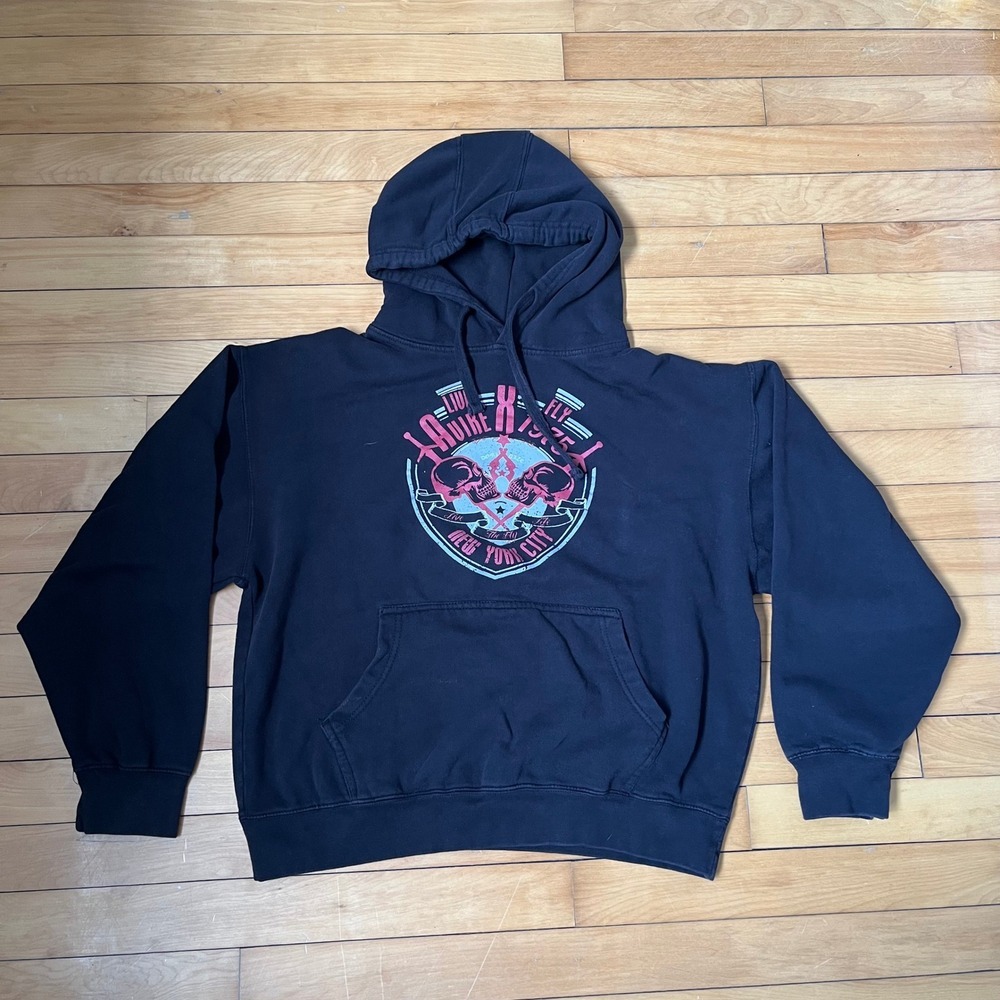 Avirex Live Fly New York City Graphic Hoodie Black Y2K Dagger Streetwear Men L